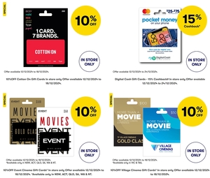 Gift Cards: 15% Cashback on Pocket Money | 10% off Cotton On, Event Cinemas & Village Cinemas @ BIG W (In-Store Only)