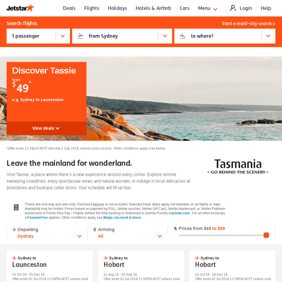 Jetstar one way flights to hobart from mel syd from 45 and 69 ozbargain