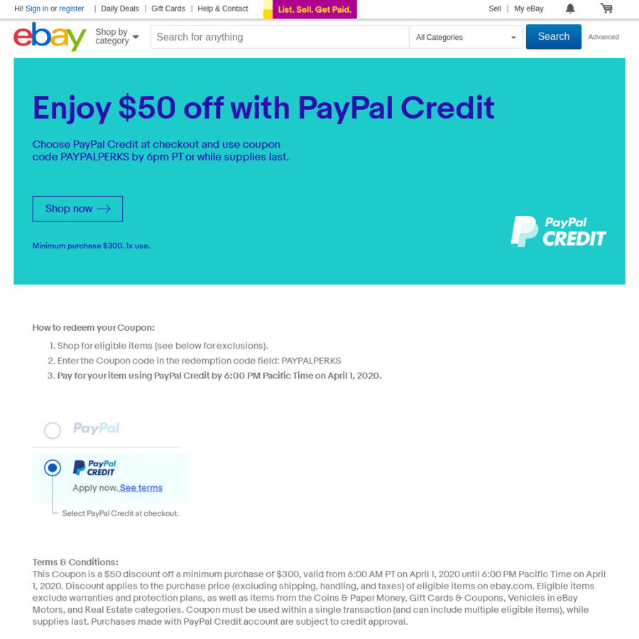 US 50 off with PayPal Credit Min Purchase US 300 eBay US