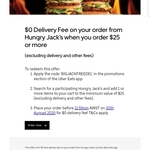 Hungry Jack's Free Delivery on UberEATS (Minimum Spend $25)