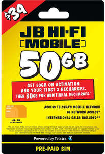 JB Hi-Fi 30-Day Pre-Paid SIM (50GB Data on Activation, & next 2 recharges, New Customers only) $13 (Renews at $39) @ JB Hi-Fi