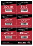 Discounts at Borders (30% off Full Priced Fiction, 40% off Full Priced Game, etc)
