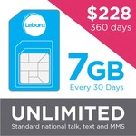 Lebara 360 Day, Unlimited Calls/SMS, 7GB, up to 250 International Minutes $228.00 for 360 Days ($19/30 Days)