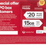 [PO Box] $5 Per Month for The First 3 Renewals of 15GB/$20 Per Month Prepaid Mobile Plan @ Australia Post Mobile