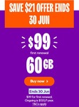 Prepaid Mobile Plan 365 Days, Unlimited 60GB, $99 First Renewal (Save $21) + $17.50 Cashrewards Cashback @ amaysim