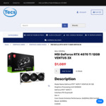 MSI GeForce RTX 4070 Ti 12GB VENTUS 3X Graphics Card $1089 + Delivery @ TECS