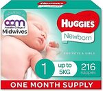 [Prime] Huggies Newborn and Ultra Dry Nappies One Month Supply Sizes 1, 3, 4, 5, 6 $58 ($49.30 S&S) Delivered @ Amazon AU