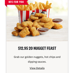20 Nugget Feast $12.95 (20 Nuggets, 2 Regular Chips, 2 Sauces) @ KFC (Online & Pickup Only)