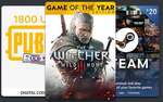 Win The Witcher 3 GOTY Edition (GOG), Steam $20 USD Gift Card, or PUBG Mobile 1800 UC Gift Card from Premium CD Keys