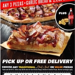 Domino's Any 3 Pizzas + Garlic Bread + 1.25l + Choose Another Side $27.95 Delivered