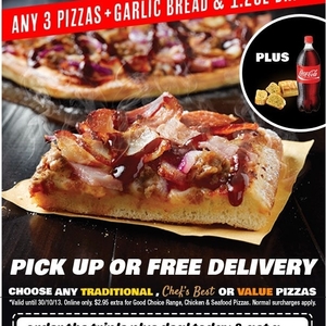 Domino's Any 3 Pizzas + Garlic Bread + 1.25l + Choose Another Side $27. ...