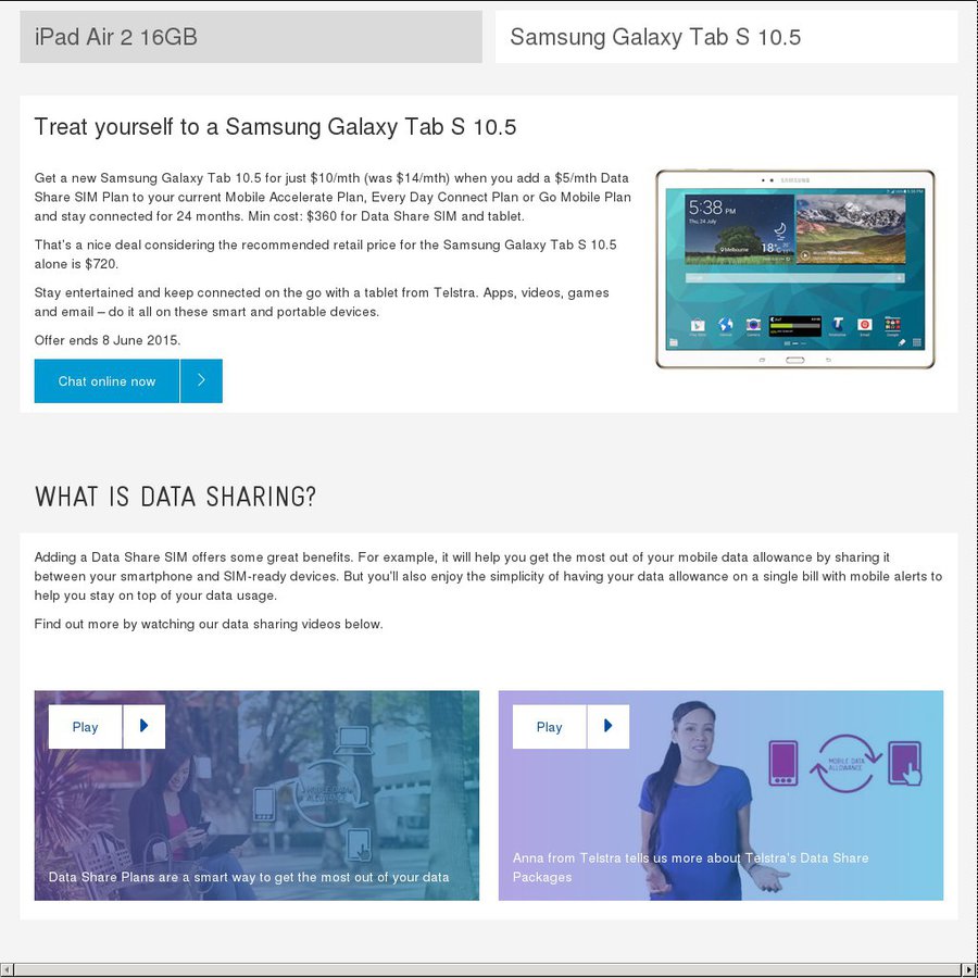 Telstra Samsung Galaxy Tab S 10.5 4G 10/Month with 5/Month Data Share SIM Plan for 24 Months Telstra Samsung Galaxy Tab S 10.5 4G 10/Month with 5/Month Data Share SIM Plan for 24 Months