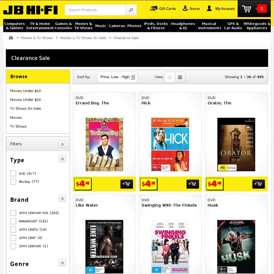 JB HiFi TV/Movies Clearance BluRays and DVDs from 4.98, 99c Delivery