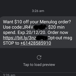 $10 off Order (Min. Spend $20) @ Menulog