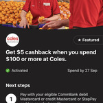 Get $5 Cashback When You Spend $100 or More at Coles @ Commbank Rewards (Activation Required)