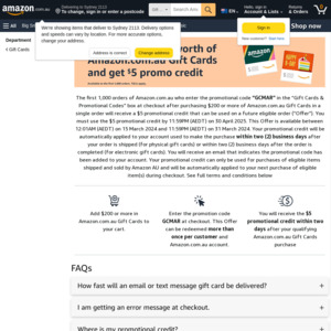 $5 Promo Credit with Purchase of $200 or More Amazon.com.au Gift Card in 1 Transaction (Limit 1,000 Claims) @ Amazon AU