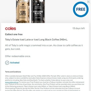 Free Toby's Estate Iced Latte or Iced Long Black 240mL at Coles @ Flybuys (Activation Required)