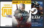 Win a Key for The Witcher 3 on GOG, a $20 USD Steam Gift Card, or a PUBG Mobile 1800 UC Gift Card from Premium CD Keys