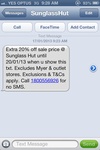 SunGlass Hut 20% off with This SMS until 20/01/13
