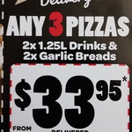 Domino's ANY 3 Pizzas + 2x 1.25l + 2x Garlic Breads - $33.95 Delivered