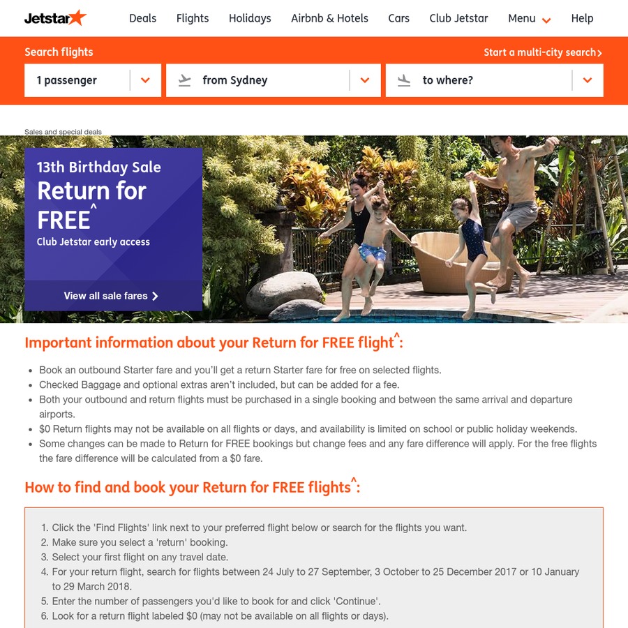 Jetstar Return for Free Sale Domestic from 39 & International from