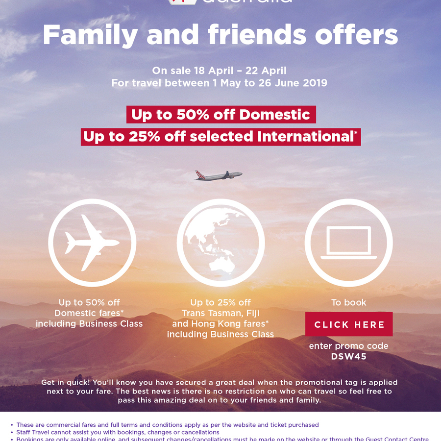 Virgin Australia Friends & Family Offer up to 50 off Domestic & up