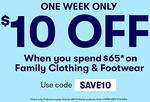 $10 off (Min Spend $65) on Clothing and Footwear + Delivery ($0 C&C/ $65 Order) @ BIG W (Online Only)