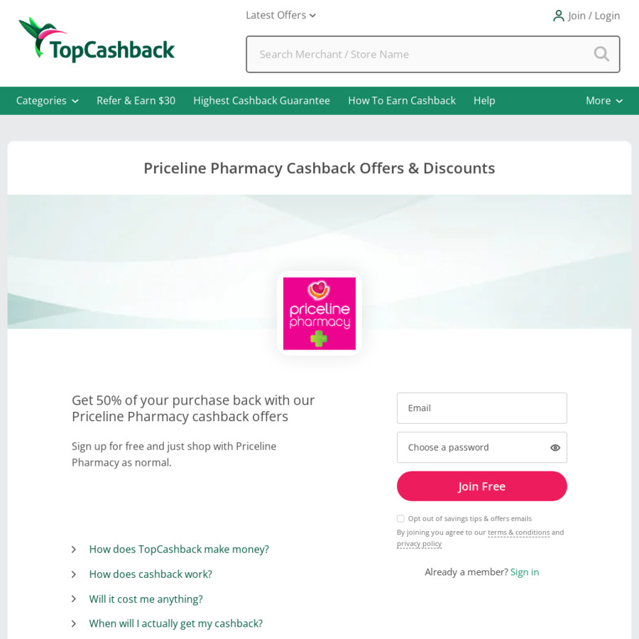 Priceline 50 Cashback (20 Cap) TopCashBack AU OzBargain