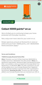 Spend $0.01 at Woolworths and Get Bonus 10,000 Rewards Points for Everyday Insurance Members (Boost Required)