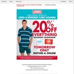 Lowes 20% off Instore and Online for Zero and Rewards Card Holders 13/10 Only