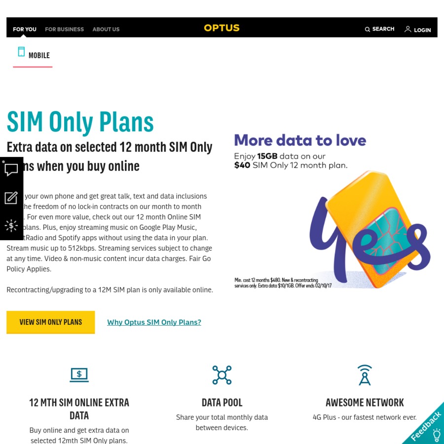 OPTUS Sim Only $70 Per Month Plan. 12 Month Contract with 20gig + 5gig