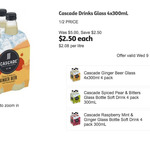 50% off Cascade Ginger Beer / Spiced Pears & Bitters / Raspberry Mint & Ginger Soft Drinks Glass Bottles 4x300ml $2.50 @ Coles