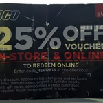 Repco 25% Online or in-Store Sunday 12/08/18 Only