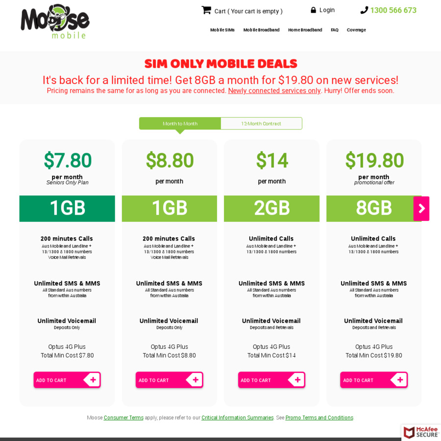 Moose Mobile 7.80/Mth SIM Only Mobile Plan (200 Minutes, 1GB Data, Unlimited SMS/MMS, Aged 55