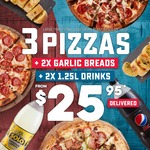 1000 Codes for 3 Large Traditional Pizzas + 2x Garlic Breads + 2x 1.25l Drinks $25.95 Delivered on 27/6 (FB Required) @ Domino's
