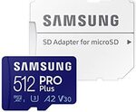 Samsung PRO Plus 512GB microSDXC V30 UHS-3 Memory Card & Adapter $76.08 (2 For $135.42) Delivered @ Amazon UK via AU