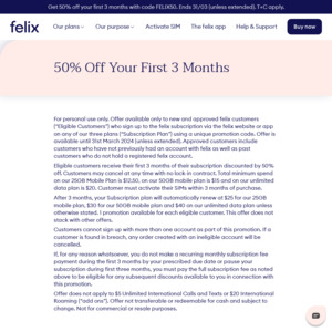 50% off First 3 Months on All Plans (New Customer Only, eg: Unlimited 5G Data at 20 Mbps $20/Month for 3 Months) @ Felix Mobile