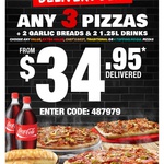Domino's - 3 Pizzas, 2 Sides, 2 Drinks = $34.95 Delivered