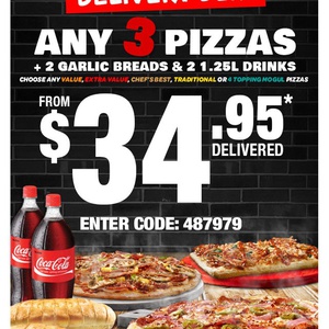 Domino's - 3 Pizzas, 2 Sides, 2 Drinks = $34.95 Delivered - OzBargain