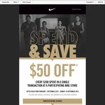 Nike Retail Store Spend $200 in 1 Transaction Get $50 off (Excl Kids Apparel/Shoes/Equipment)