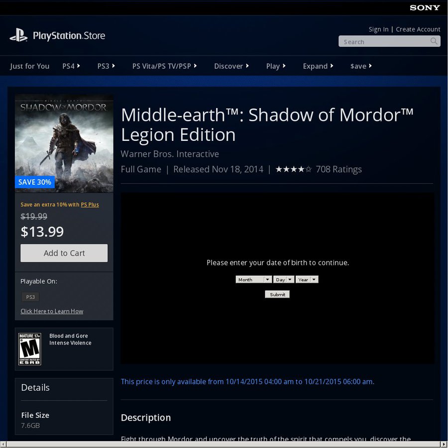[US PlayStation Plus] Shadow of Mordor Legion Edition PS3 A $16 ...