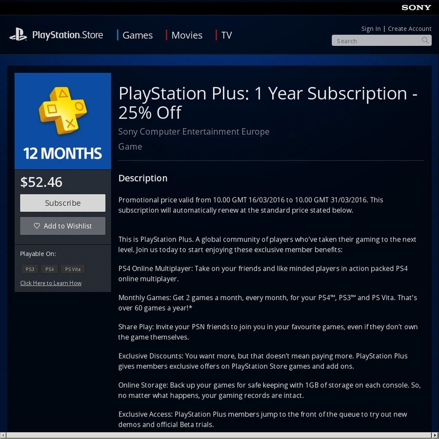 Playstation Plus 1 Year Subscription 25 Off 52 46 New And Lapsed Subscribers Ozbargain