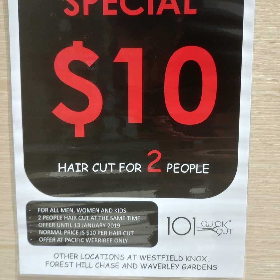 VIC] 2 Haircuts for $10 @ 101 Quick Cuts (Werribee Pacific) - OzBargain
