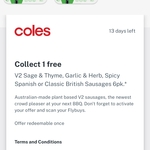 Free v2food Plant Based Sausage 6-Pack @ Coles via Flybuys App (Activation Required)