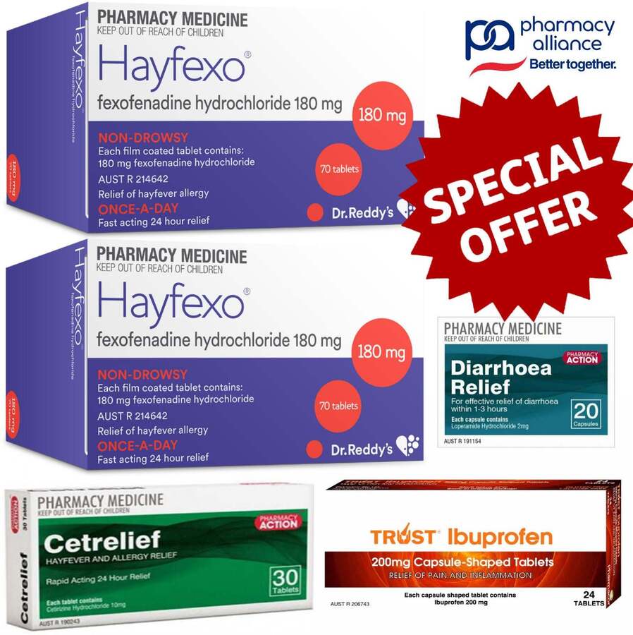 140x Hayfexo Fexofenadine + 20x Diarrhoea Relief + 30x Cetirizine + 24x
