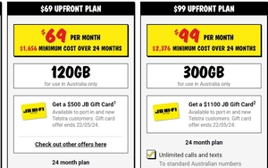 $500/ $1100 JB Gift Card on JB Hi-Fi Mobile $69/ $99 Per Month 24-Month Plan (Port-in/New Customers in-Store Only) @ JB Hi-Fi