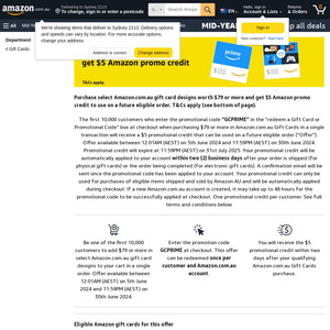 $5 Promo Credit with Purchase of $79 or More Selected Amazon.com.au Gift Card in 1 Transaction (Limit 10,000 Claims) @ Amazon AU