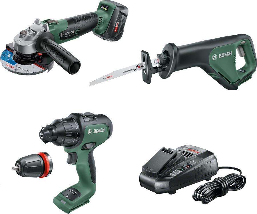 Bosch 18 V 3PC Kit Hammer Drill, Angle Grinder, Recip Saw 4Ah Battery ...