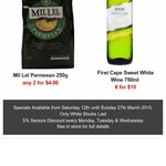 Mil Lel Parmesan 250gm - 2 for $4.00 , First Cape White Wine 750ml - 6 for $10 @ NQR (VIC)
