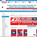 20% off All Gift Cards Online at Lowes 26/3 Only